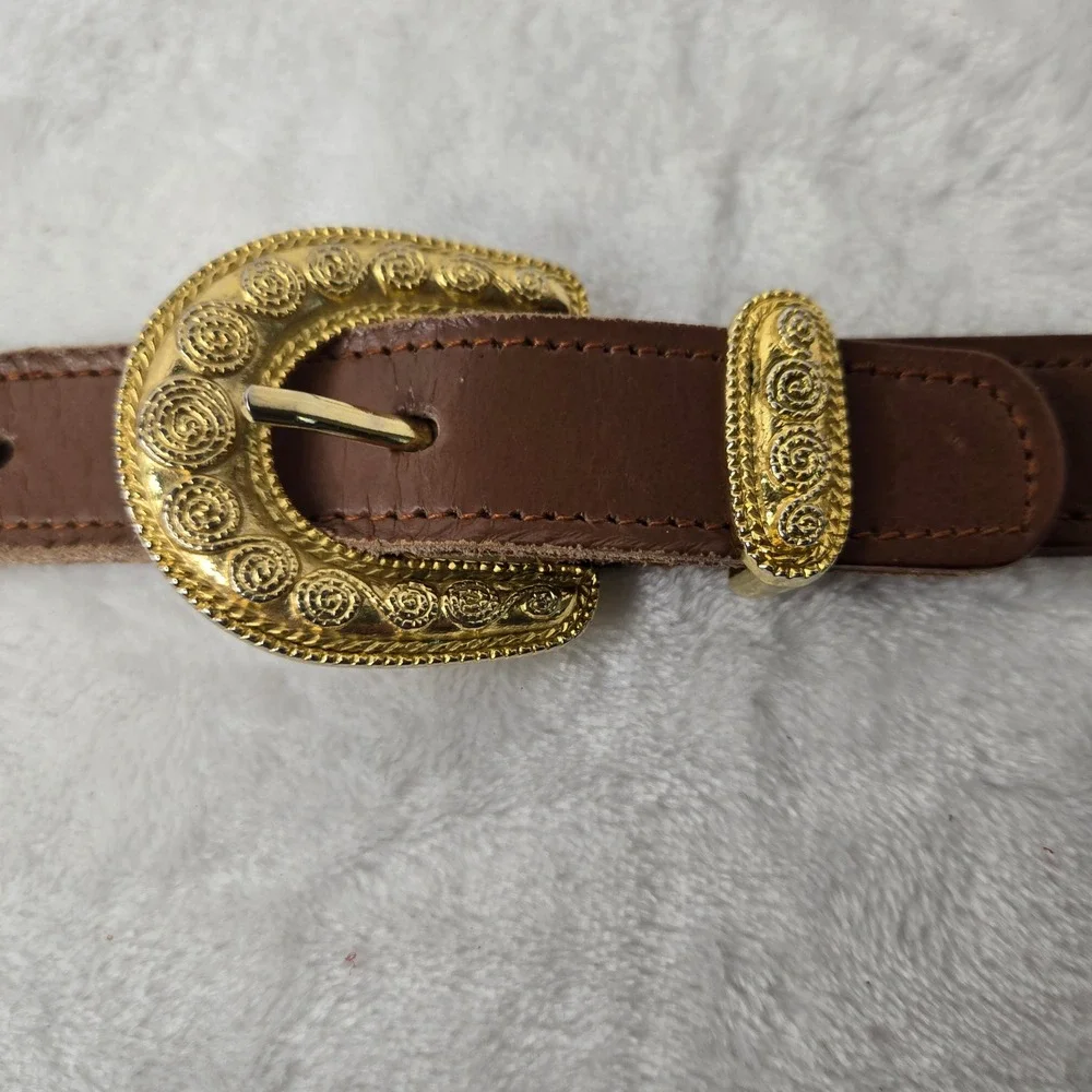 Vintage Express Brown Genuine Leather Wood Bead Gold Metal Link Belt Womens M